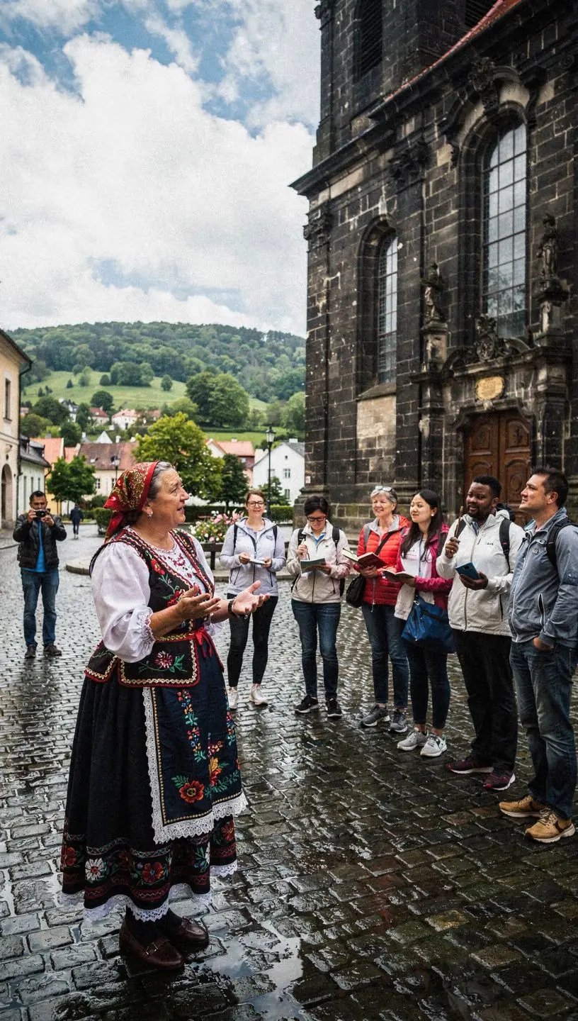 An aerial shot of the iconic High Tatras mountains with a modern architectural structure harmoniously integrated into the landscape.